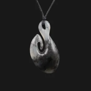 Unique Hand-Carved Gray White Flower Jade Pendant with Maori Hei Matau Design - Traditional NZ Style Necklace for Everyday Special Occasions