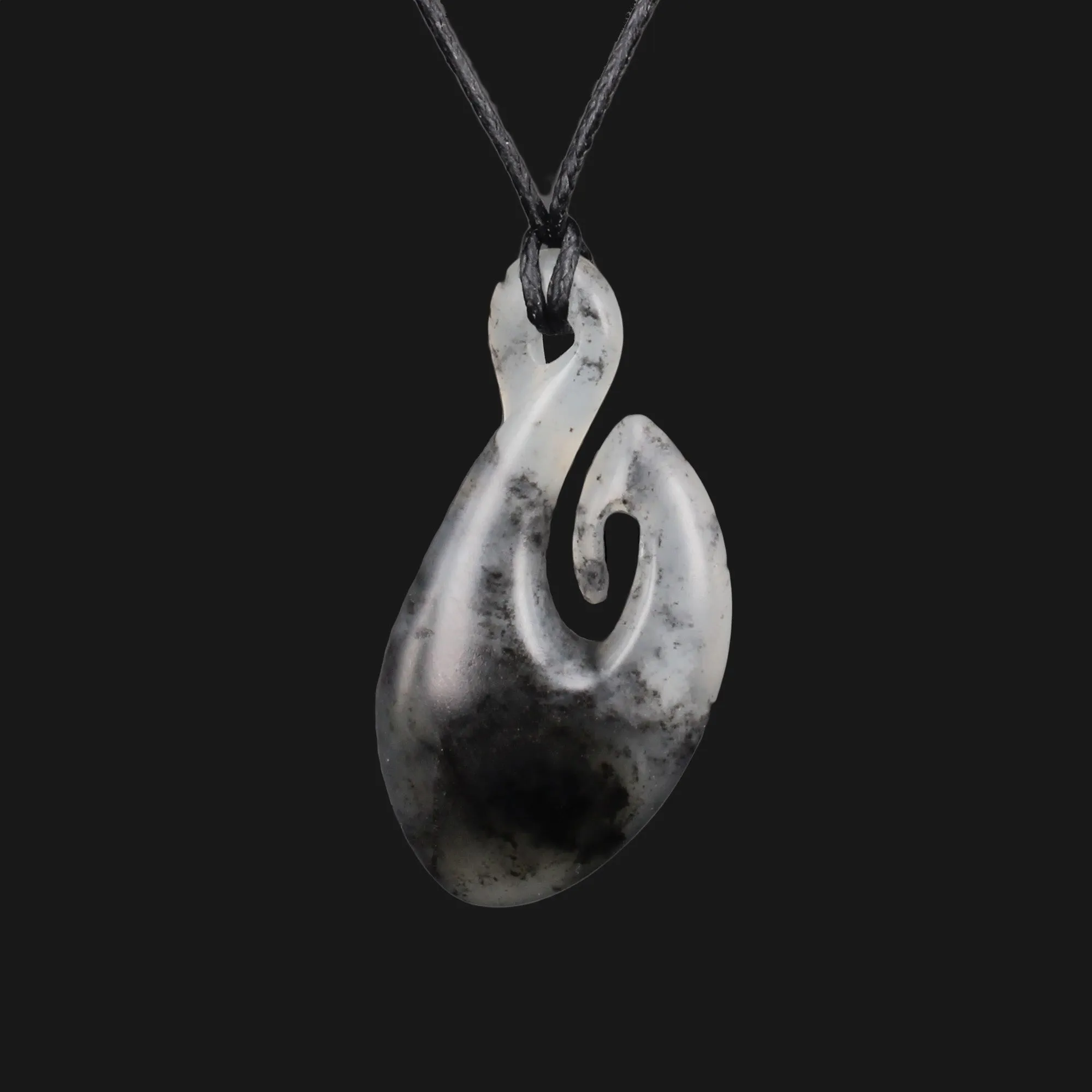 Unique Hand-Carved Gray White Flower Jade Pendant with Maori Hei Matau Design - Traditional NZ Style Necklace for Everyday Special Occasions