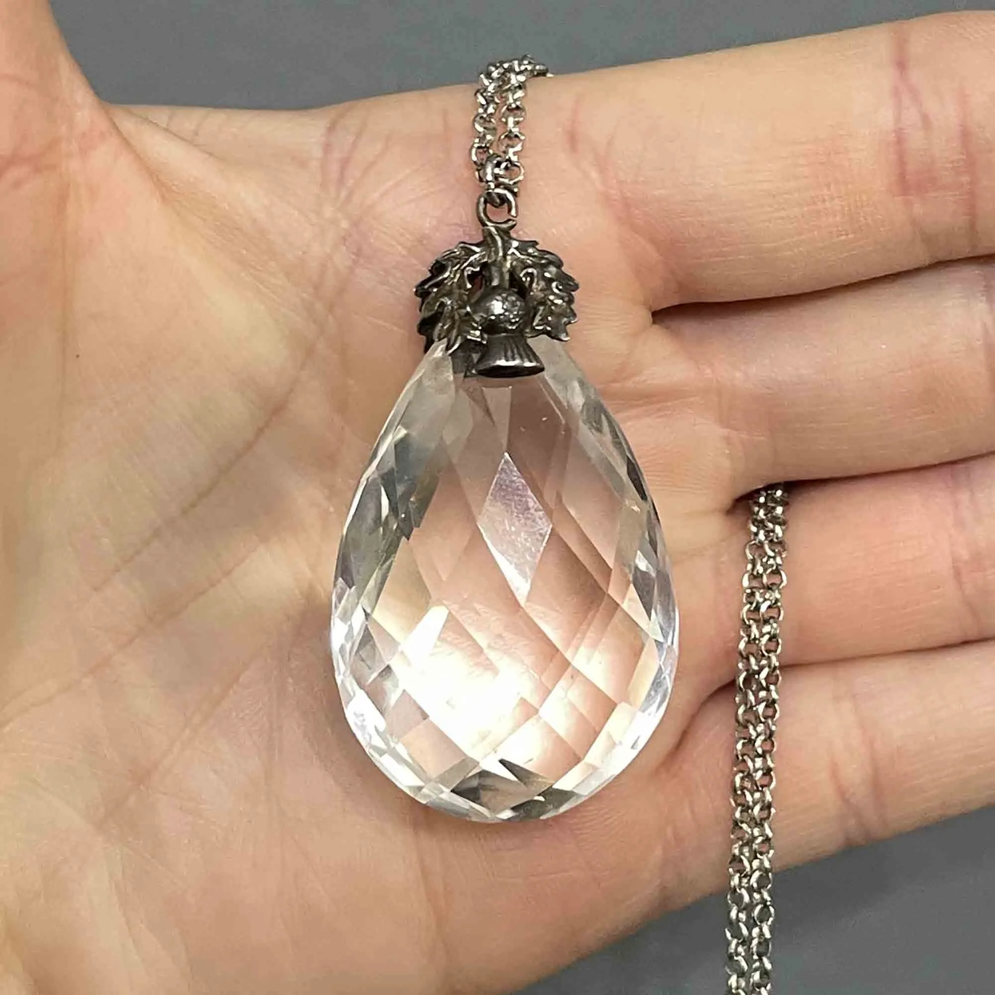 Vintage Silver Thistle Faceted Rock Crystal Pendant Necklace