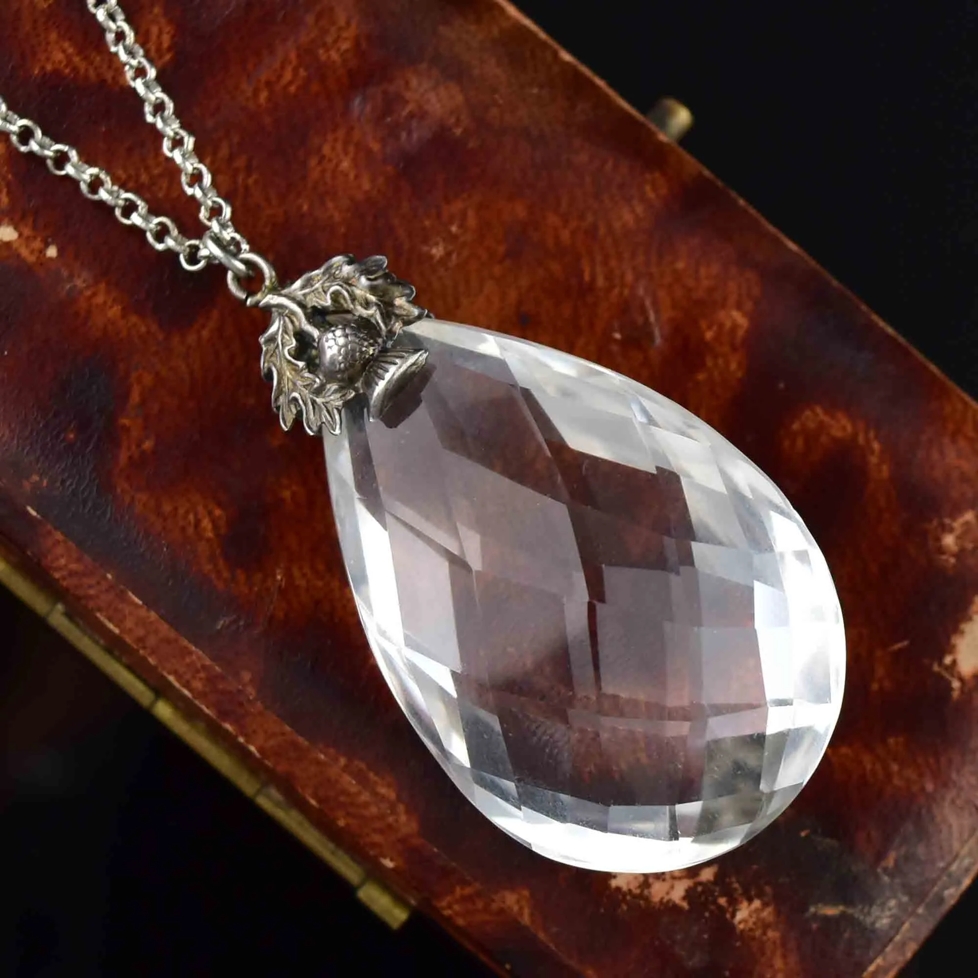 Vintage Silver Thistle Faceted Rock Crystal Pendant Necklace