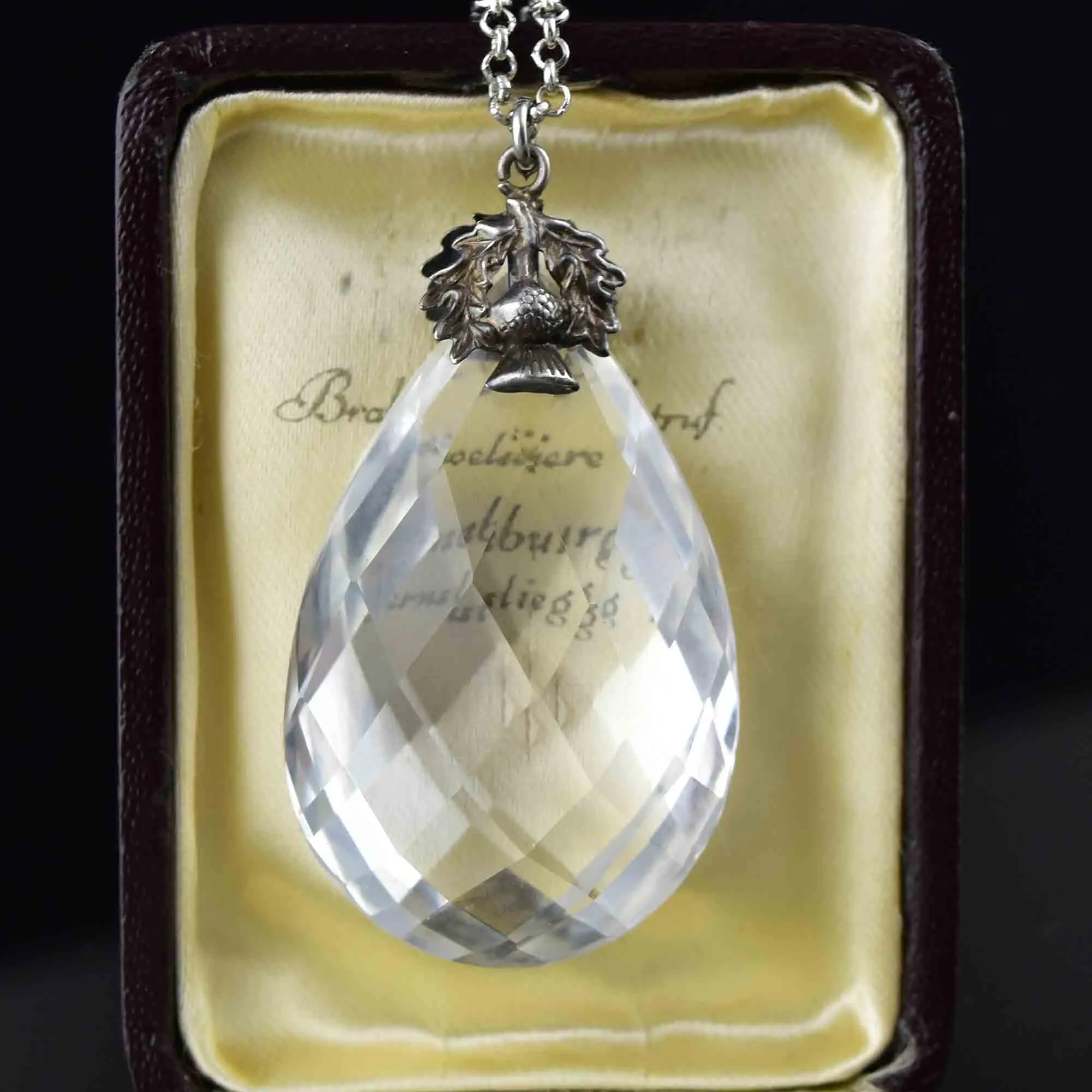 Vintage Silver Thistle Faceted Rock Crystal Pendant Necklace