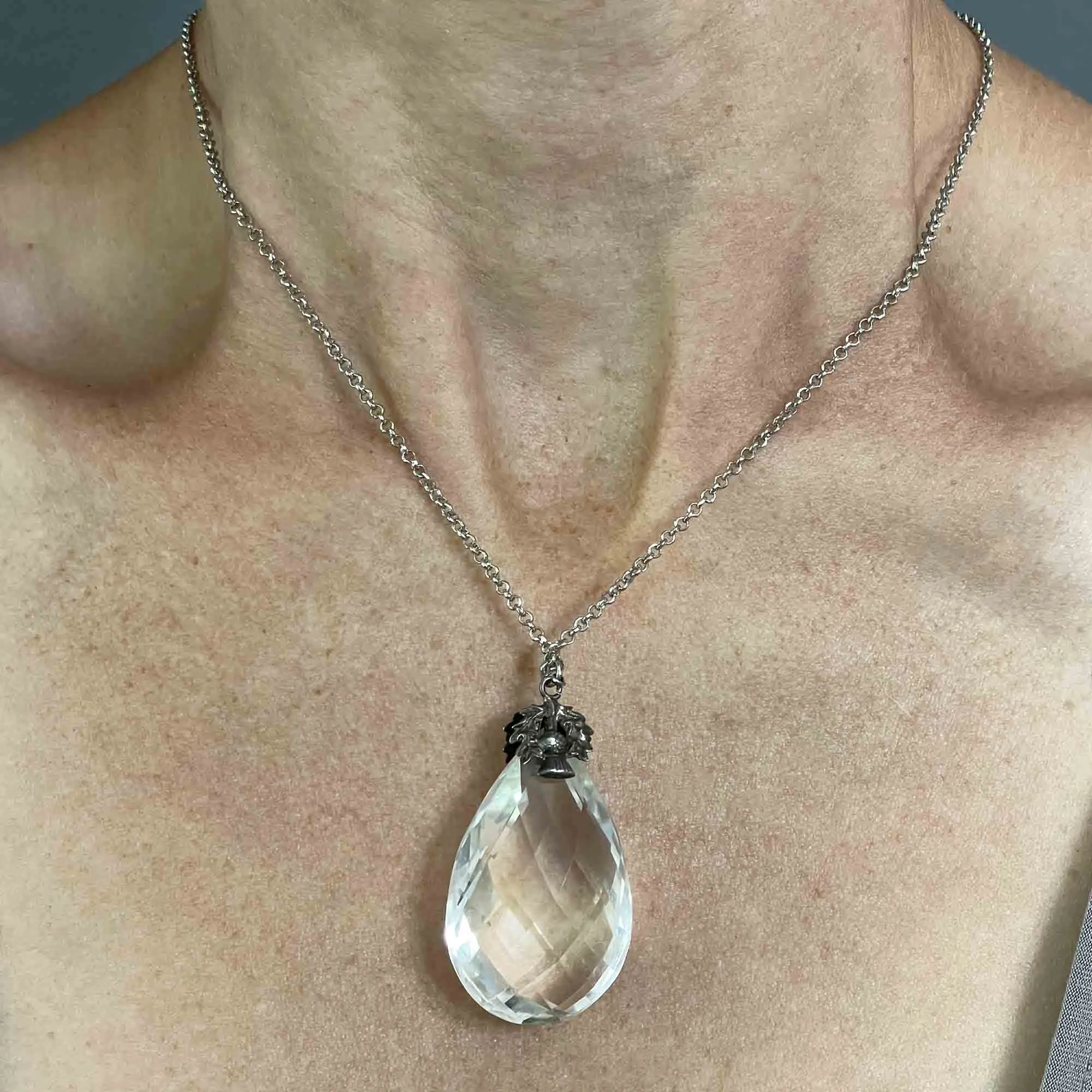 Vintage Silver Thistle Faceted Rock Crystal Pendant Necklace