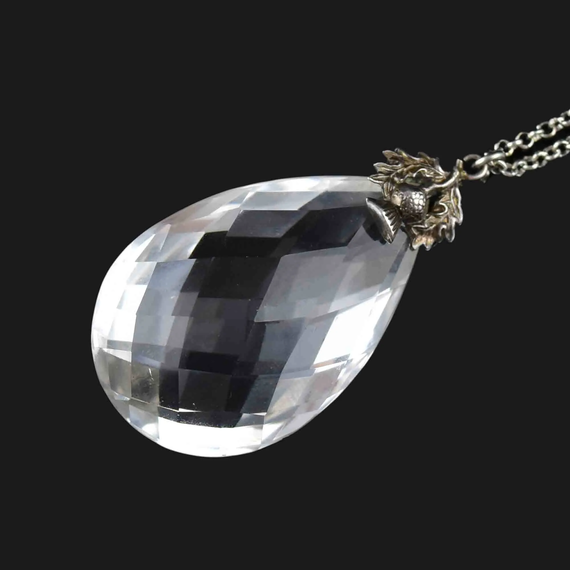 Vintage Silver Thistle Faceted Rock Crystal Pendant Necklace