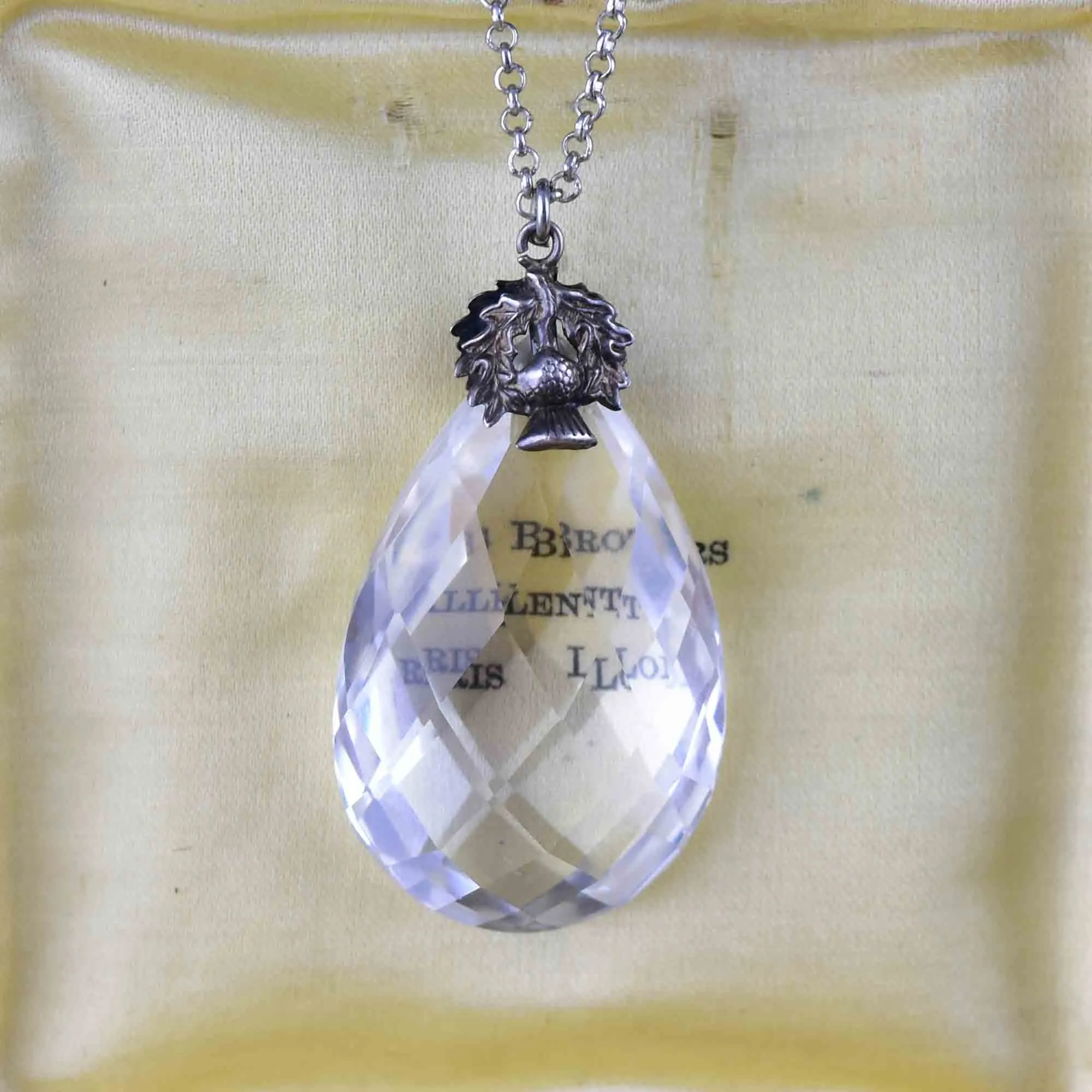 Vintage Silver Thistle Faceted Rock Crystal Pendant Necklace