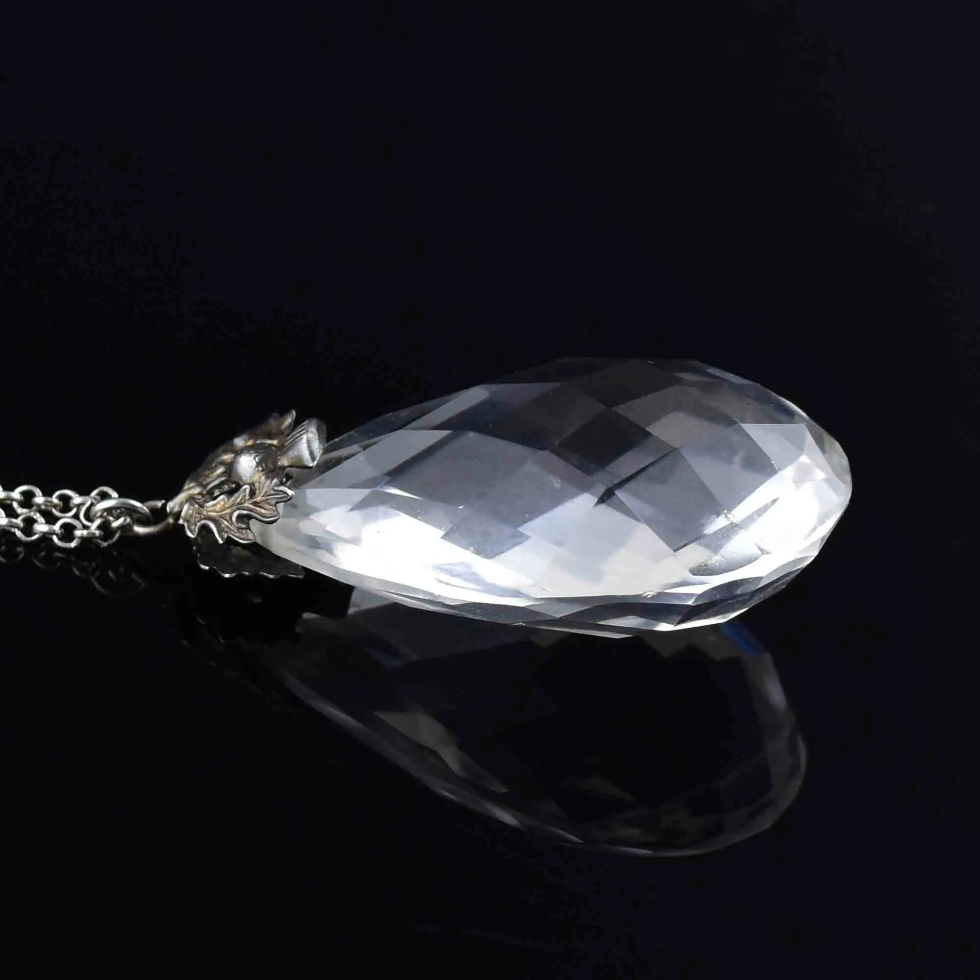 Vintage Silver Thistle Faceted Rock Crystal Pendant Necklace