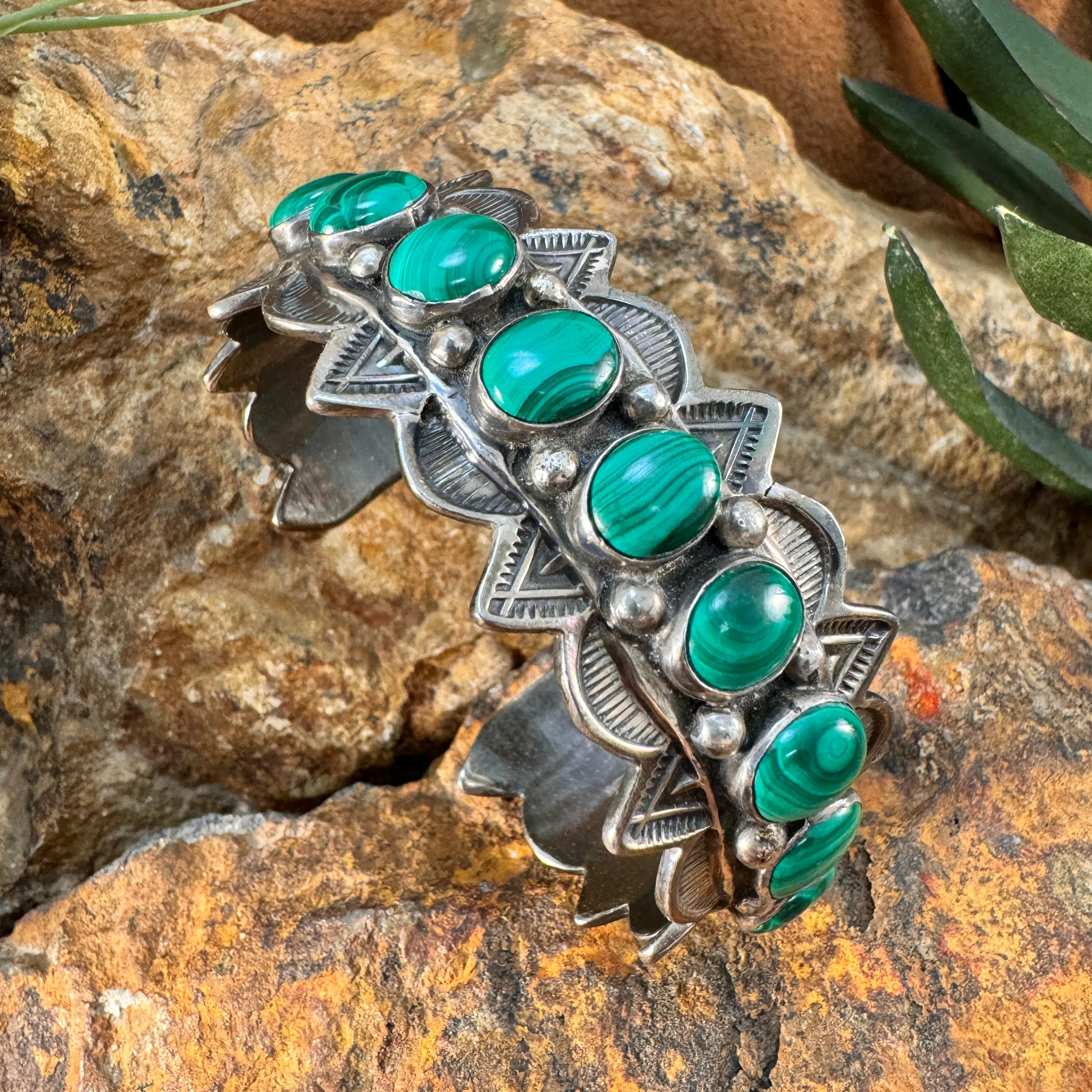 Vintage Sterling Silver and Malachite Cuff Bracelet by E. Belone - Estate Jewelry