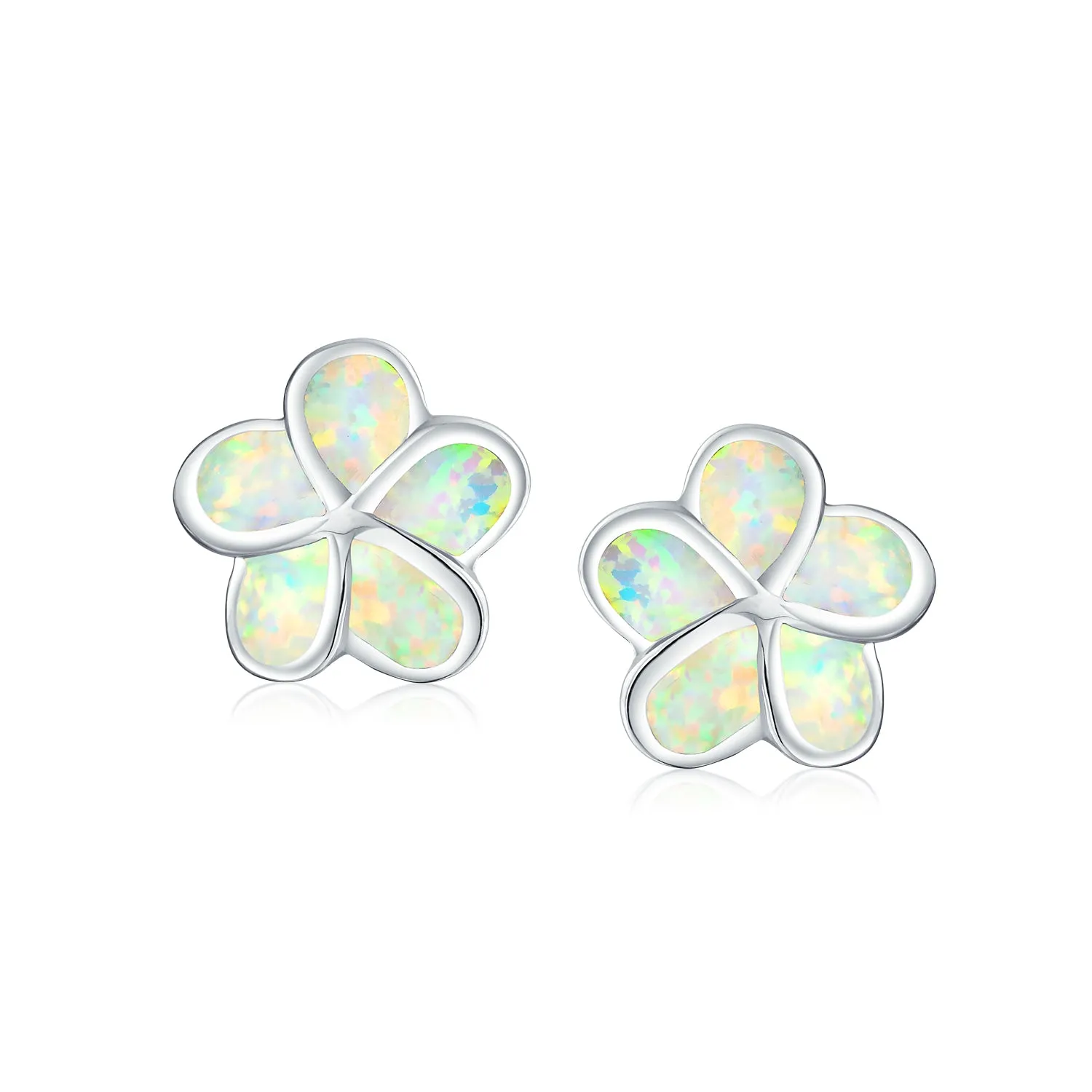 White Plumeria Opal Stud Earrings in Sterling Silver, 10MM, October Birthstone