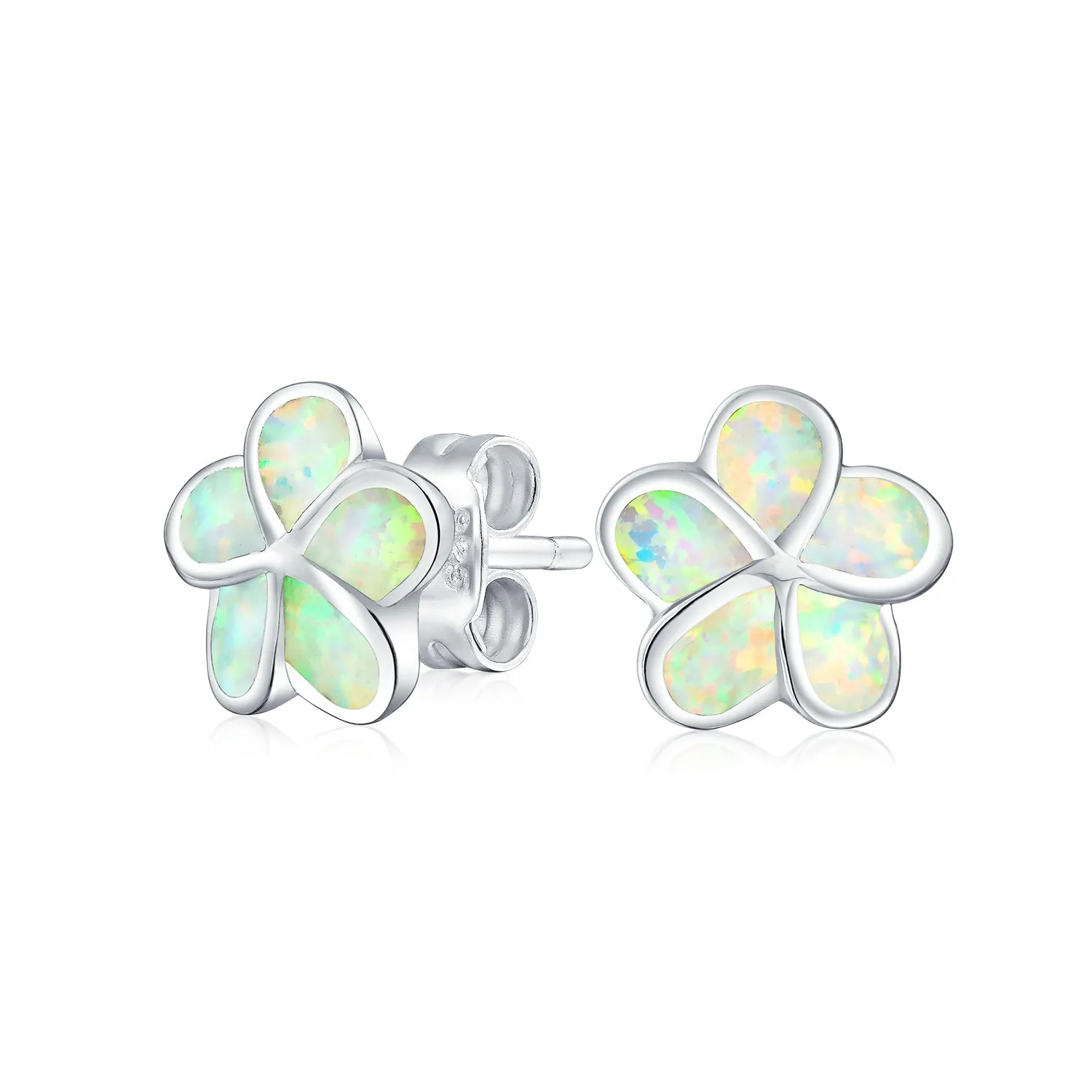 White Plumeria Opal Stud Earrings in Sterling Silver, 10MM, October Birthstone