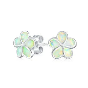 White Plumeria Opal Stud Earrings in Sterling Silver, 10MM, October Birthstone
